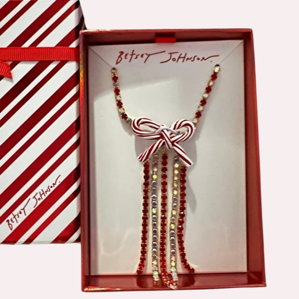BETSEY JOHNSON Christmas Candy Cane Bow with Streaming Crystals Necklace NEW NWT